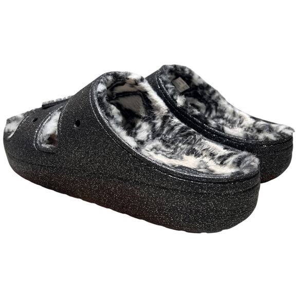 CROCS Classic Cozzzy Disco Glitter Sandal Men 13 Comfort Zebra Fur Lining 208074 - Picture 4 of 15